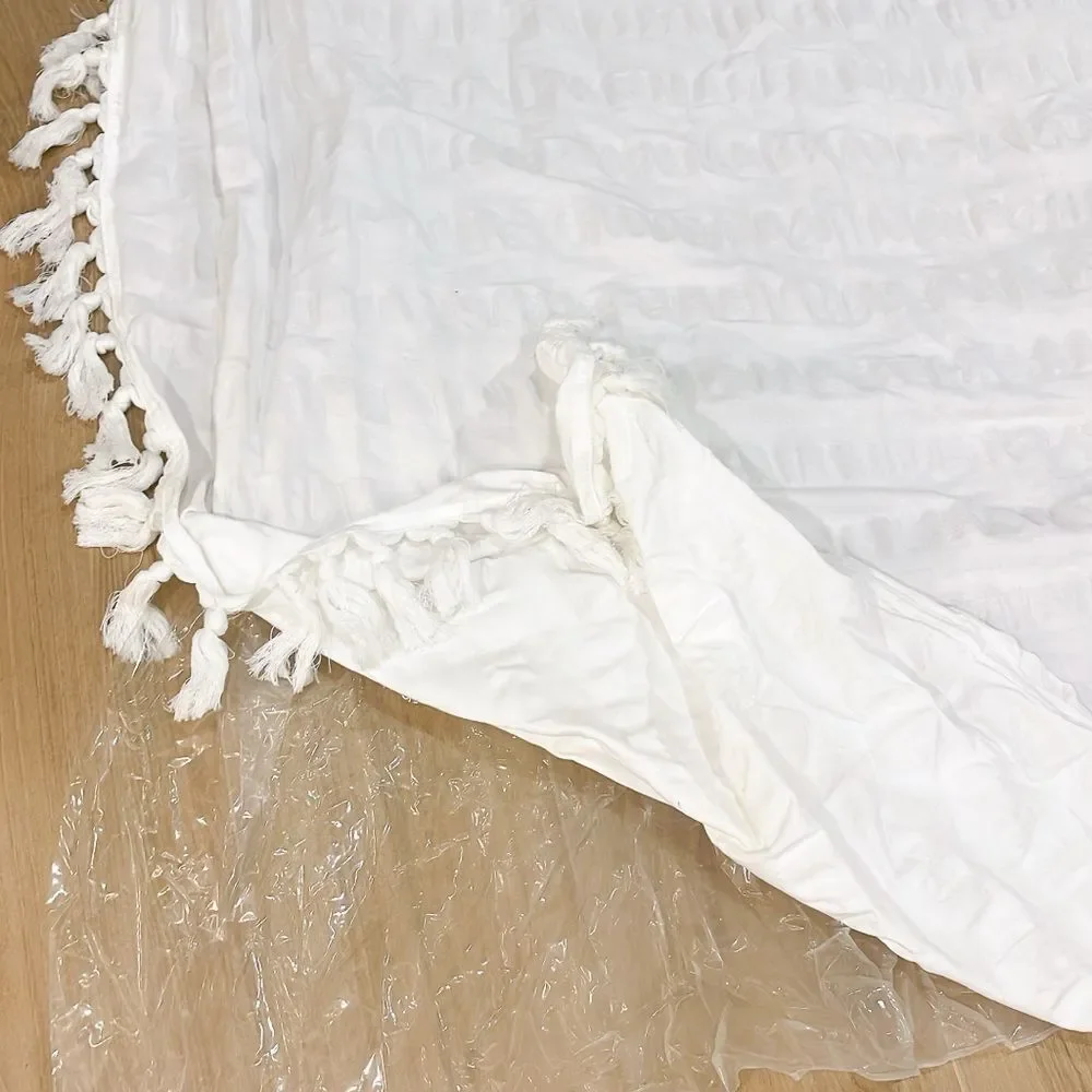 White Shower Curtain, Plastic Liner, Hooks, Bath Mat